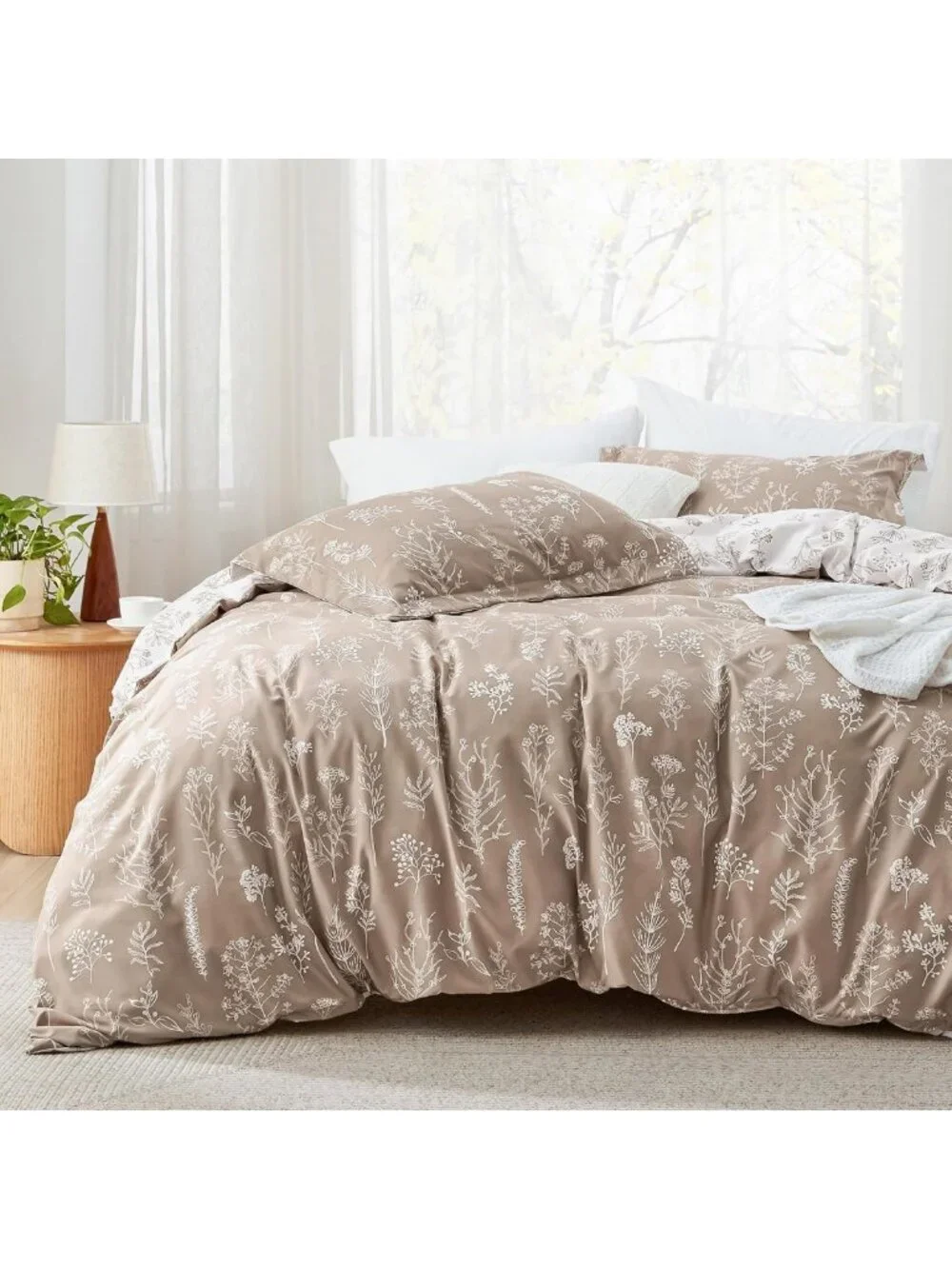 Cozy Light Taupe Queen Comforter Set - 3 Piece Floral Bedding, Reversible